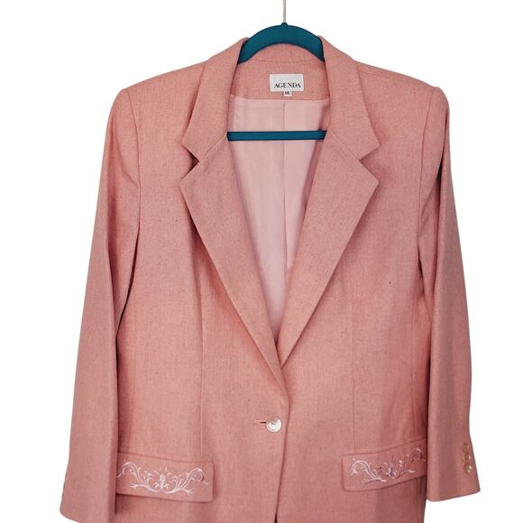 Vintage Agenda Made in USA Pink Wool Blend Embroidered Pockets Blazer Sz 14 Y2K - Picture 3 of 12